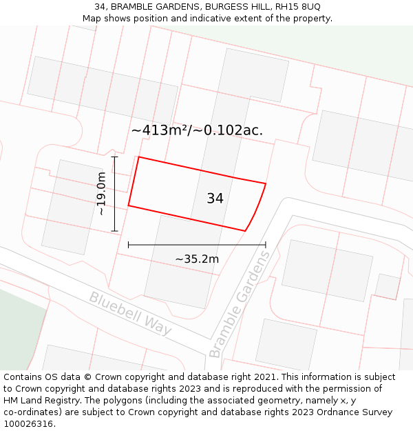 34, BRAMBLE GARDENS, BURGESS HILL, RH15 8UQ: Plot and title map