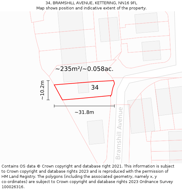 34, BRAMSHILL AVENUE, KETTERING, NN16 9FL: Plot and title map