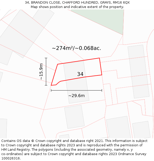 34, BRANDON CLOSE, CHAFFORD HUNDRED, GRAYS, RM16 6QX: Plot and title map