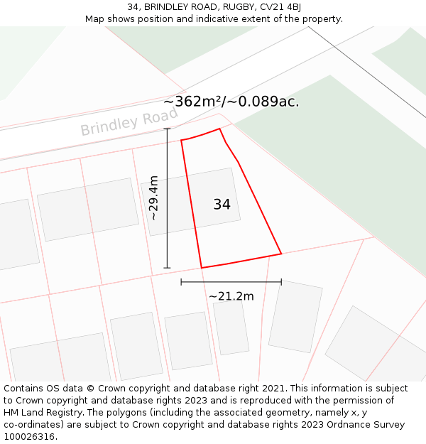 34, BRINDLEY ROAD, RUGBY, CV21 4BJ: Plot and title map