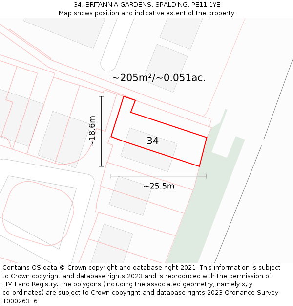 34, BRITANNIA GARDENS, SPALDING, PE11 1YE: Plot and title map