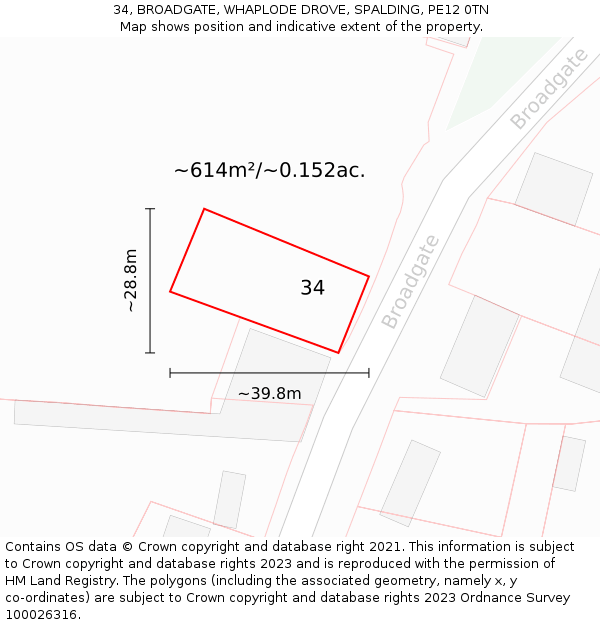 34, BROADGATE, WHAPLODE DROVE, SPALDING, PE12 0TN: Plot and title map
