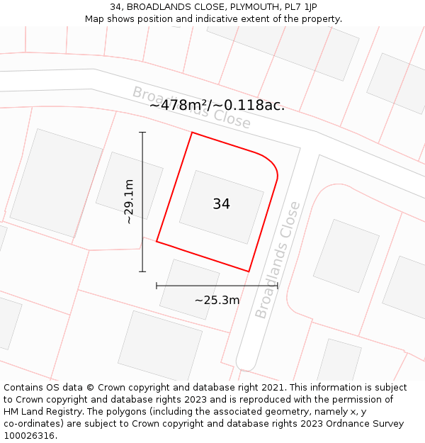 34, BROADLANDS CLOSE, PLYMOUTH, PL7 1JP: Plot and title map