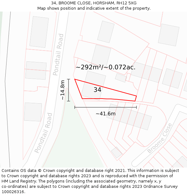 34, BROOME CLOSE, HORSHAM, RH12 5XG: Plot and title map