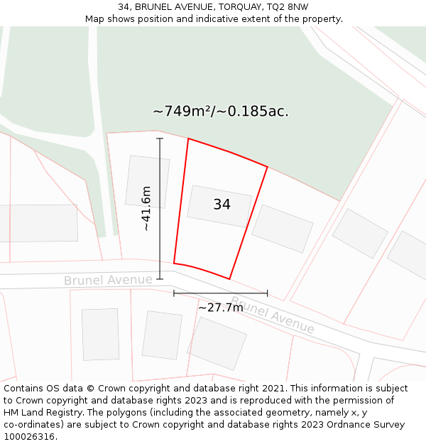 34, BRUNEL AVENUE, TORQUAY, TQ2 8NW: Plot and title map