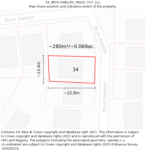 34, BRYN AWELON, MOLD, CH7 1LU: Plot and title map