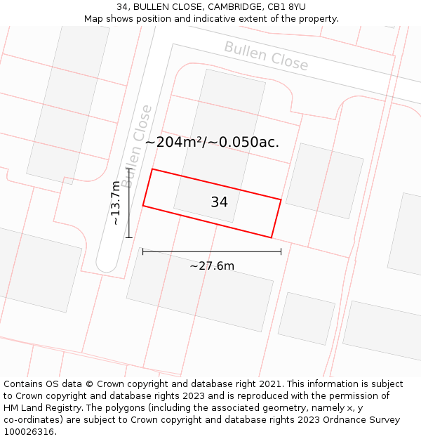 34, BULLEN CLOSE, CAMBRIDGE, CB1 8YU: Plot and title map