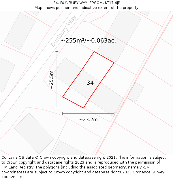 34, BUNBURY WAY, EPSOM, KT17 4JP: Plot and title map