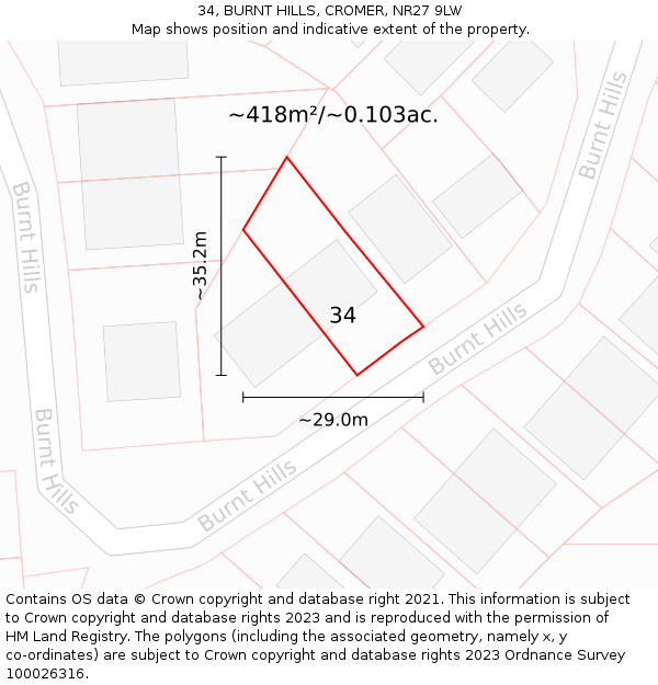 34, BURNT HILLS, CROMER, NR27 9LW: Plot and title map