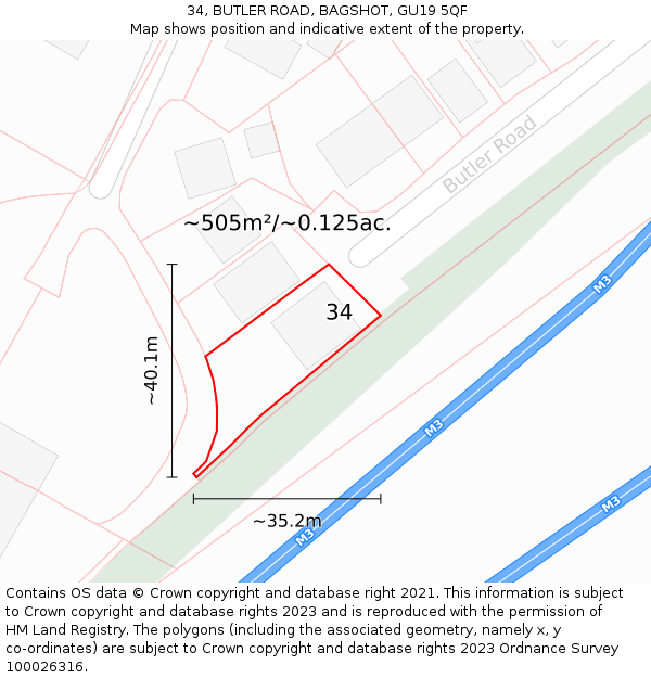 34, BUTLER ROAD, BAGSHOT, GU19 5QF: Plot and title map