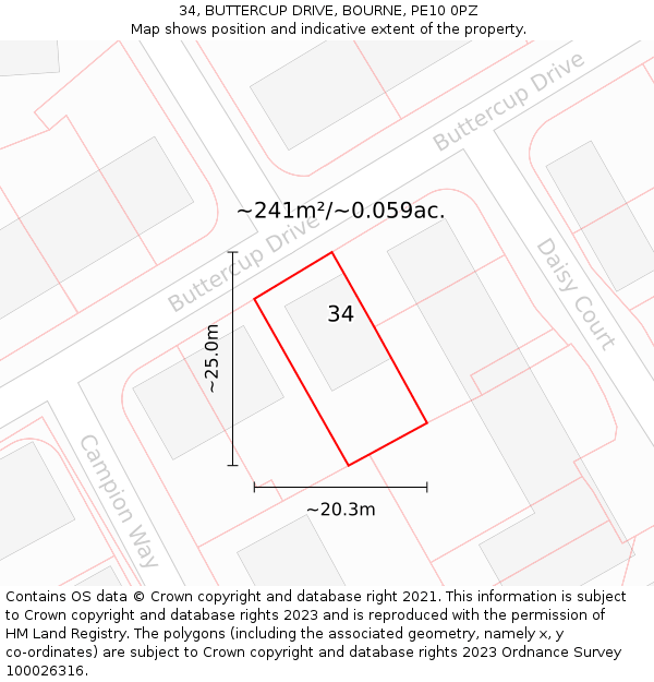 34, BUTTERCUP DRIVE, BOURNE, PE10 0PZ: Plot and title map