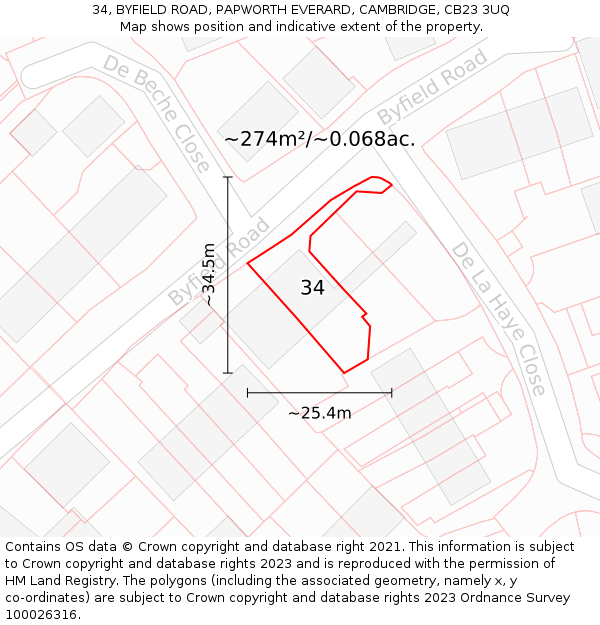 34, BYFIELD ROAD, PAPWORTH EVERARD, CAMBRIDGE, CB23 3UQ: Plot and title map