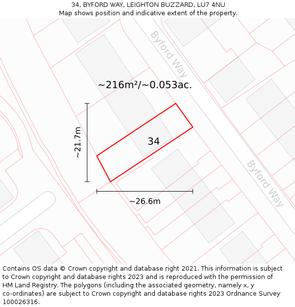 34, BYFORD WAY, LEIGHTON BUZZARD, LU7 4NU: Plot and title map