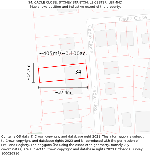 34, CADLE CLOSE, STONEY STANTON, LEICESTER, LE9 4HD: Plot and title map