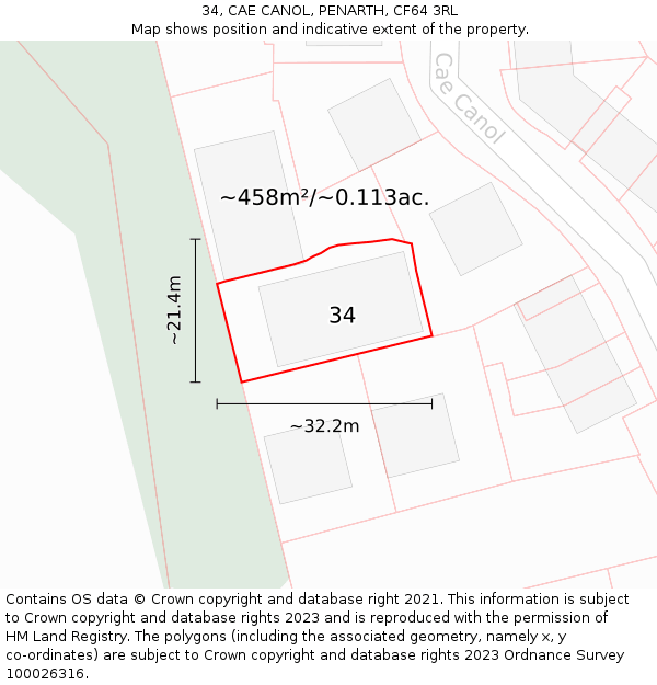 34, CAE CANOL, PENARTH, CF64 3RL: Plot and title map