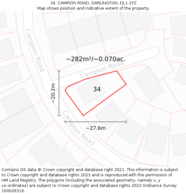 34, CAMPION ROAD, DARLINGTON, DL1 2YZ: Plot and title map