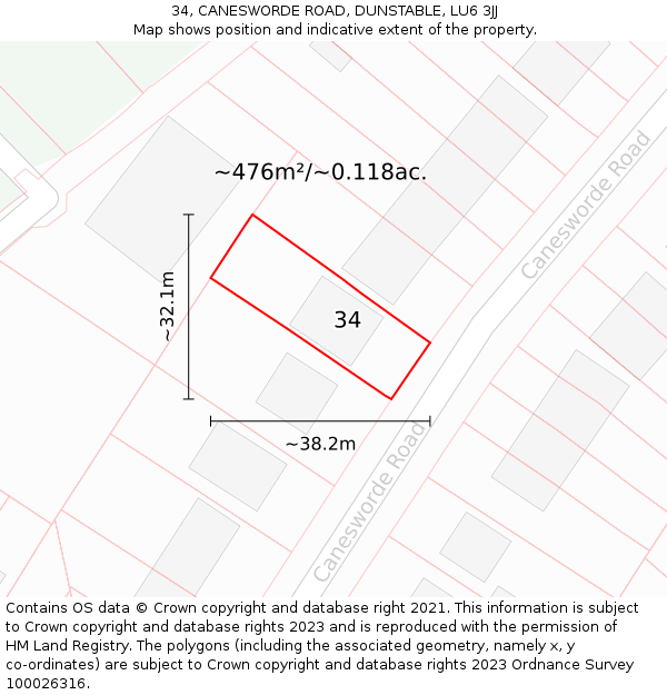 34, CANESWORDE ROAD, DUNSTABLE, LU6 3JJ: Plot and title map