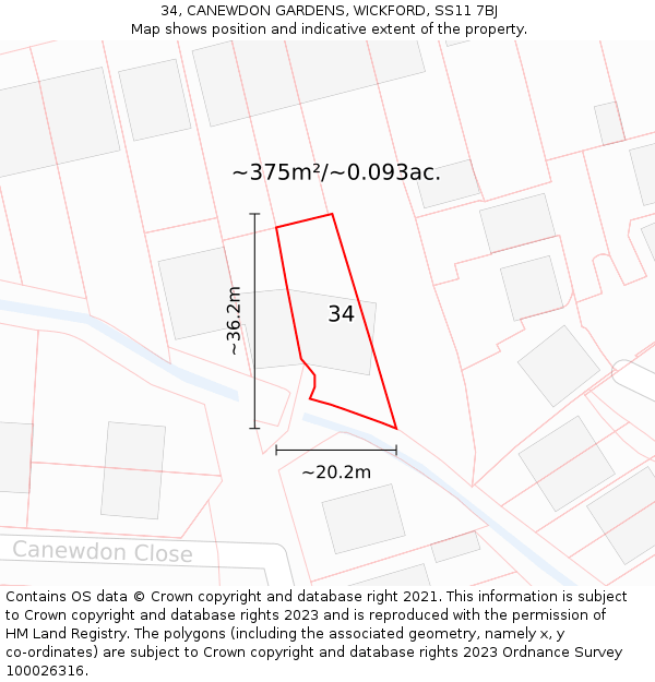 34, CANEWDON GARDENS, WICKFORD, SS11 7BJ: Plot and title map