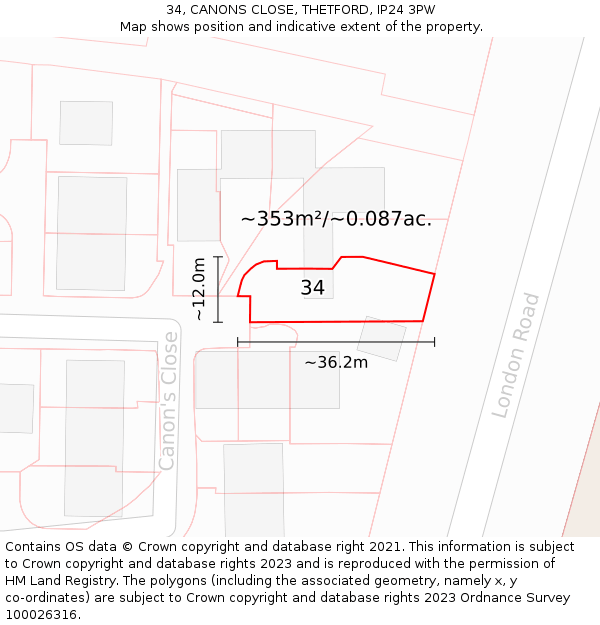 34, CANONS CLOSE, THETFORD, IP24 3PW: Plot and title map