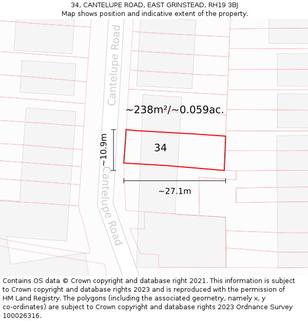 34, CANTELUPE ROAD, EAST GRINSTEAD, RH19 3BJ: Plot and title map