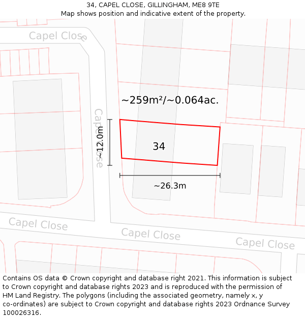 34, CAPEL CLOSE, GILLINGHAM, ME8 9TE: Plot and title map