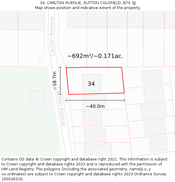 34, CARLTON AVENUE, SUTTON COLDFIELD, B74 3JJ: Plot and title map