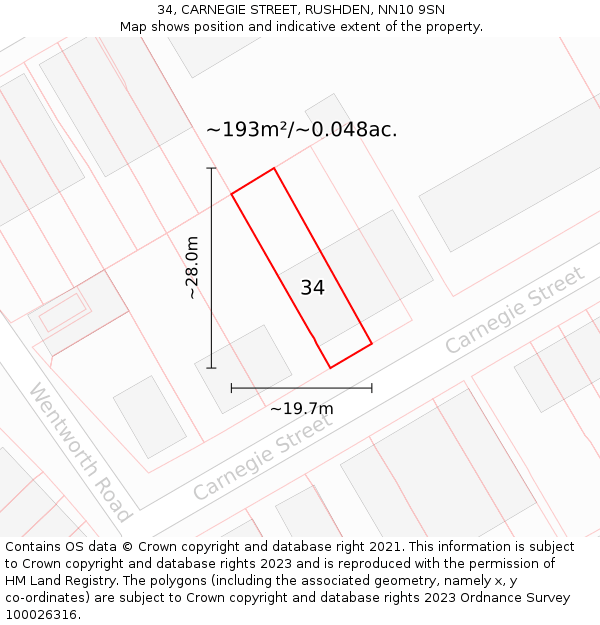 34, CARNEGIE STREET, RUSHDEN, NN10 9SN: Plot and title map