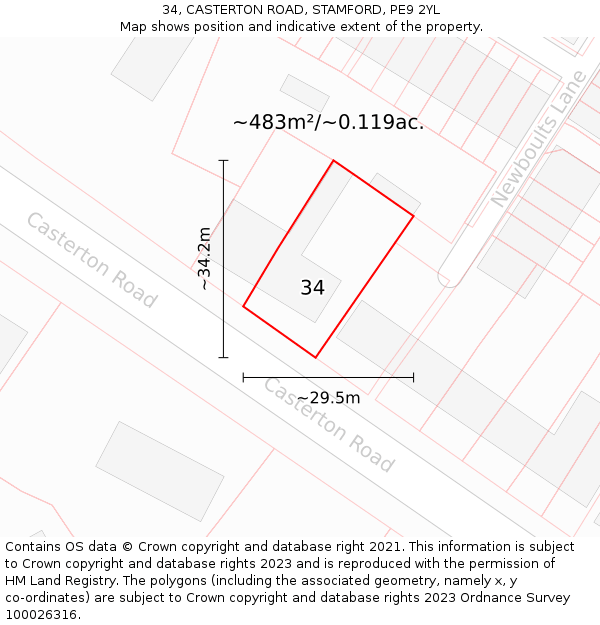 34, CASTERTON ROAD, STAMFORD, PE9 2YL: Plot and title map