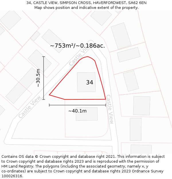 34, CASTLE VIEW, SIMPSON CROSS, HAVERFORDWEST, SA62 6EN: Plot and title map