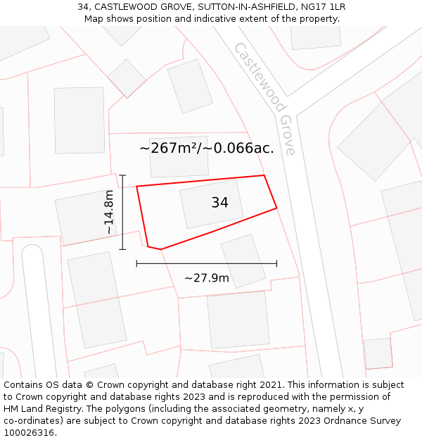 34, CASTLEWOOD GROVE, SUTTON-IN-ASHFIELD, NG17 1LR: Plot and title map