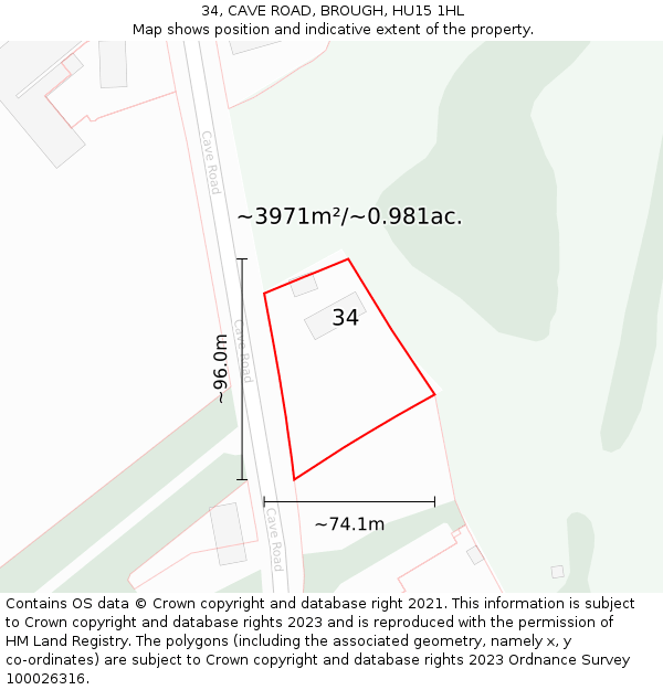 34, CAVE ROAD, BROUGH, HU15 1HL: Plot and title map