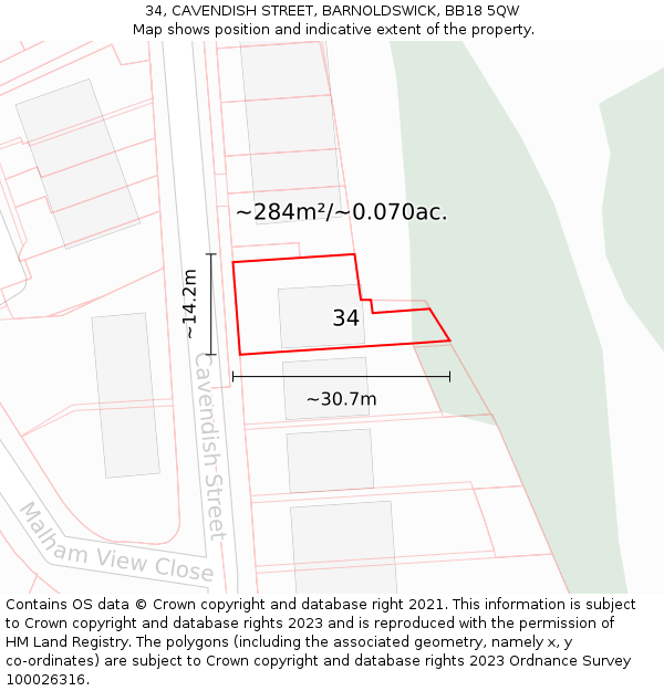 34, CAVENDISH STREET, BARNOLDSWICK, BB18 5QW: Plot and title map