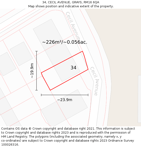 34, CECIL AVENUE, GRAYS, RM16 6QA: Plot and title map