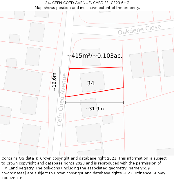 34, CEFN COED AVENUE, CARDIFF, CF23 6HG: Plot and title map