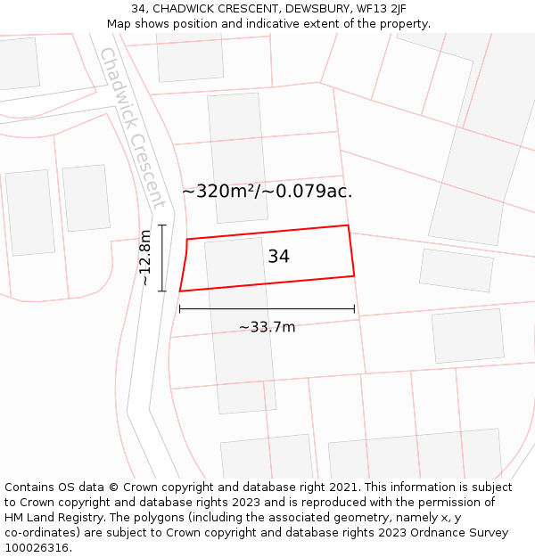 34, CHADWICK CRESCENT, DEWSBURY, WF13 2JF: Plot and title map