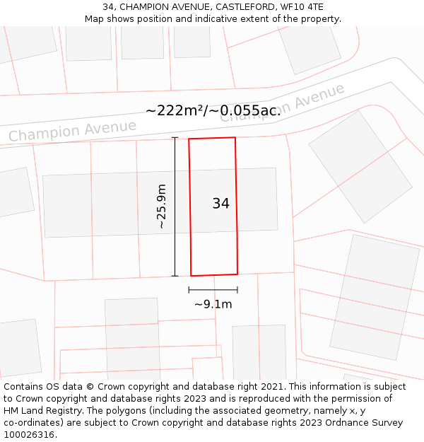 34, CHAMPION AVENUE, CASTLEFORD, WF10 4TE: Plot and title map