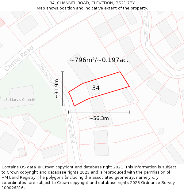 34, CHANNEL ROAD, CLEVEDON, BS21 7BY: Plot and title map