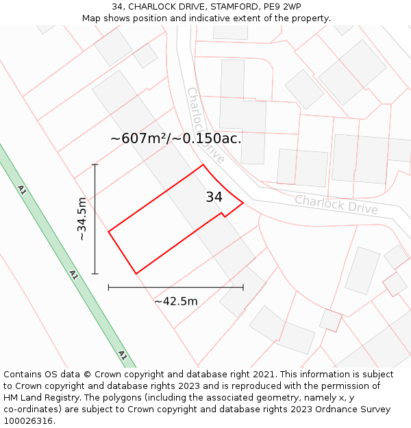 34, CHARLOCK DRIVE, STAMFORD, PE9 2WP: Plot and title map