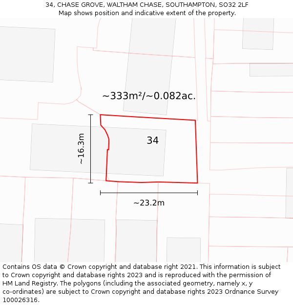 34, CHASE GROVE, WALTHAM CHASE, SOUTHAMPTON, SO32 2LF: Plot and title map