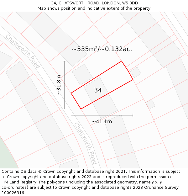 34, CHATSWORTH ROAD, LONDON, W5 3DB: Plot and title map