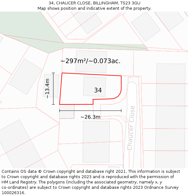 34, CHAUCER CLOSE, BILLINGHAM, TS23 3GU: Plot and title map