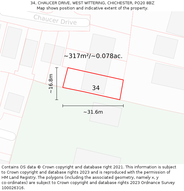 34, CHAUCER DRIVE, WEST WITTERING, CHICHESTER, PO20 8BZ: Plot and title map