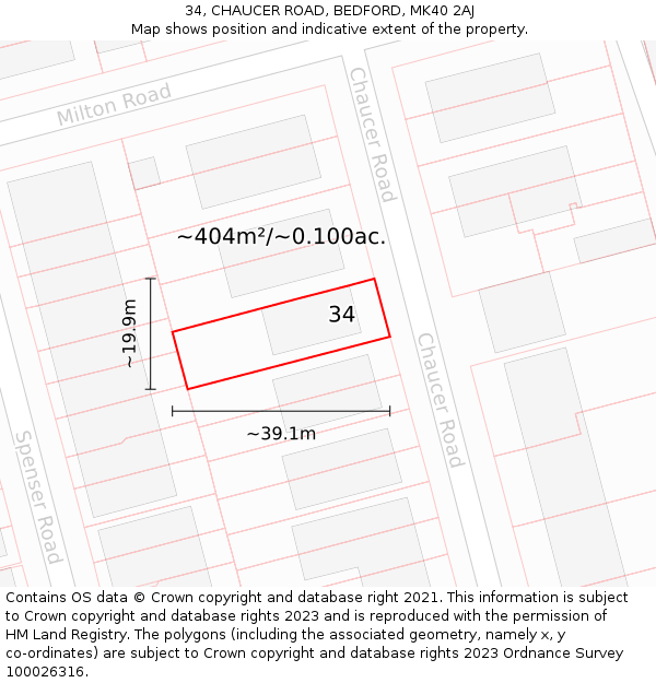 34, CHAUCER ROAD, BEDFORD, MK40 2AJ: Plot and title map