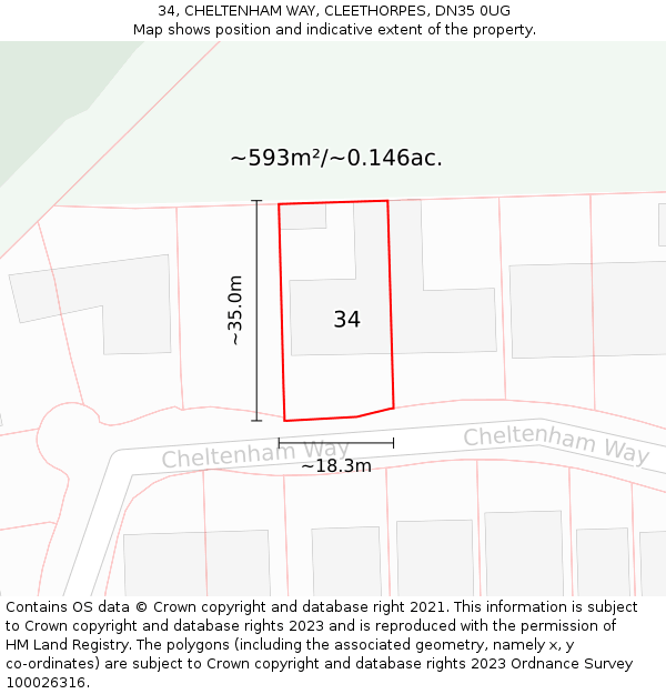 34, CHELTENHAM WAY, CLEETHORPES, DN35 0UG: Plot and title map