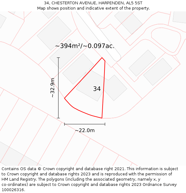 34, CHESTERTON AVENUE, HARPENDEN, AL5 5ST: Plot and title map