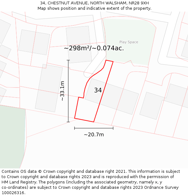 34, CHESTNUT AVENUE, NORTH WALSHAM, NR28 9XH: Plot and title map