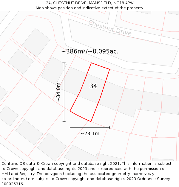 34, CHESTNUT DRIVE, MANSFIELD, NG18 4PW: Plot and title map