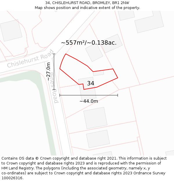 34, CHISLEHURST ROAD, BROMLEY, BR1 2NW: Plot and title map