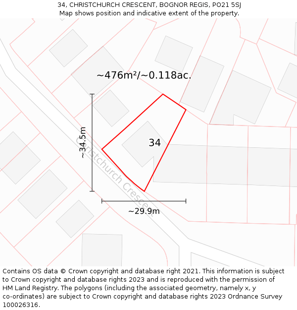 34, CHRISTCHURCH CRESCENT, BOGNOR REGIS, PO21 5SJ: Plot and title map