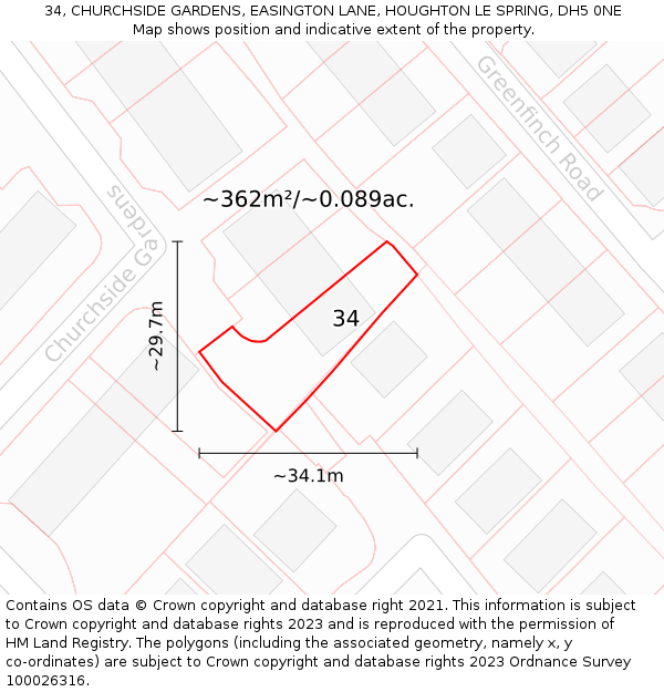 34, CHURCHSIDE GARDENS, EASINGTON LANE, HOUGHTON LE SPRING, DH5 0NE: Plot and title map